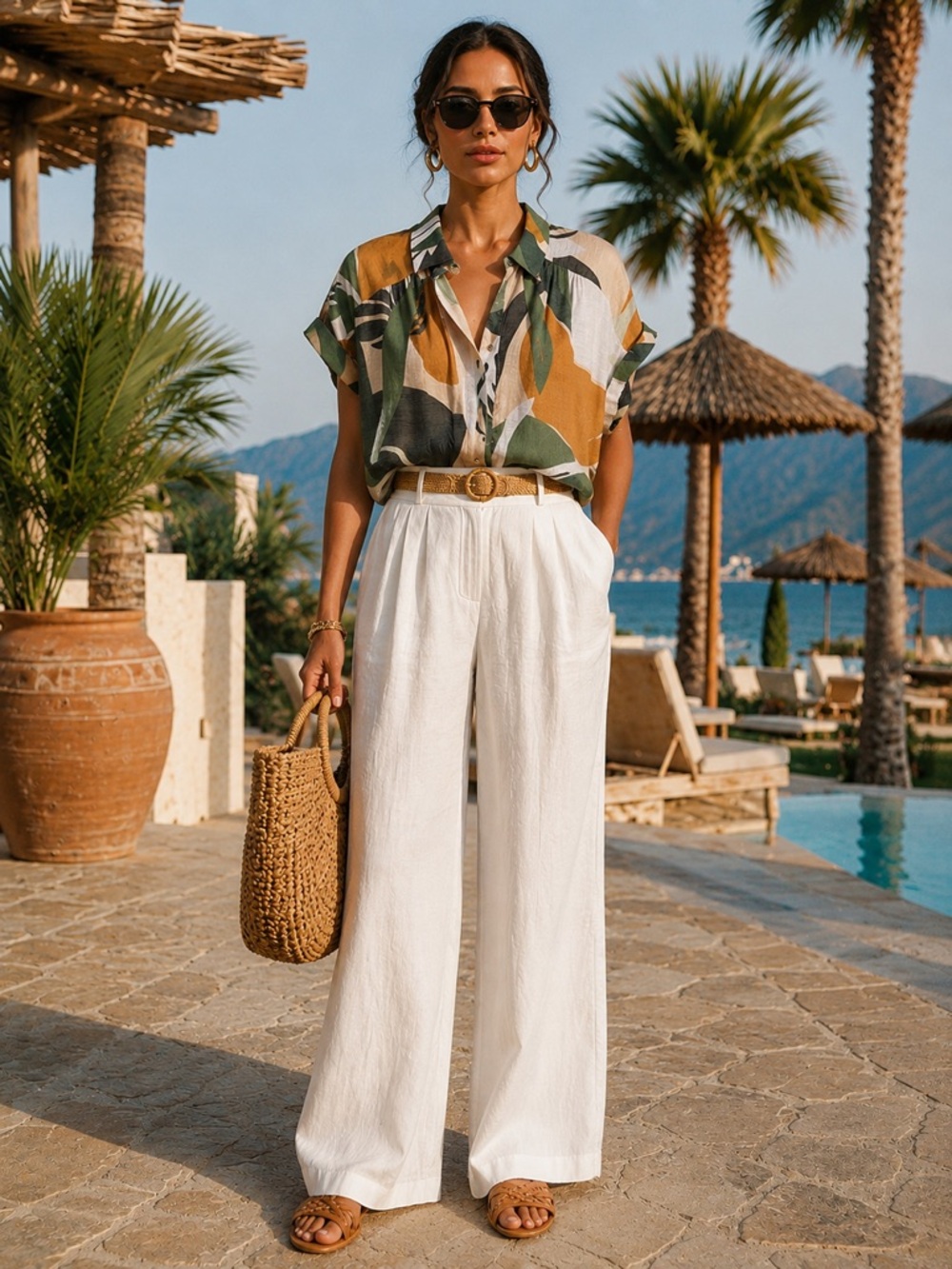 Tamara H Relaxed Resort Button Down Shirt Tropical Print